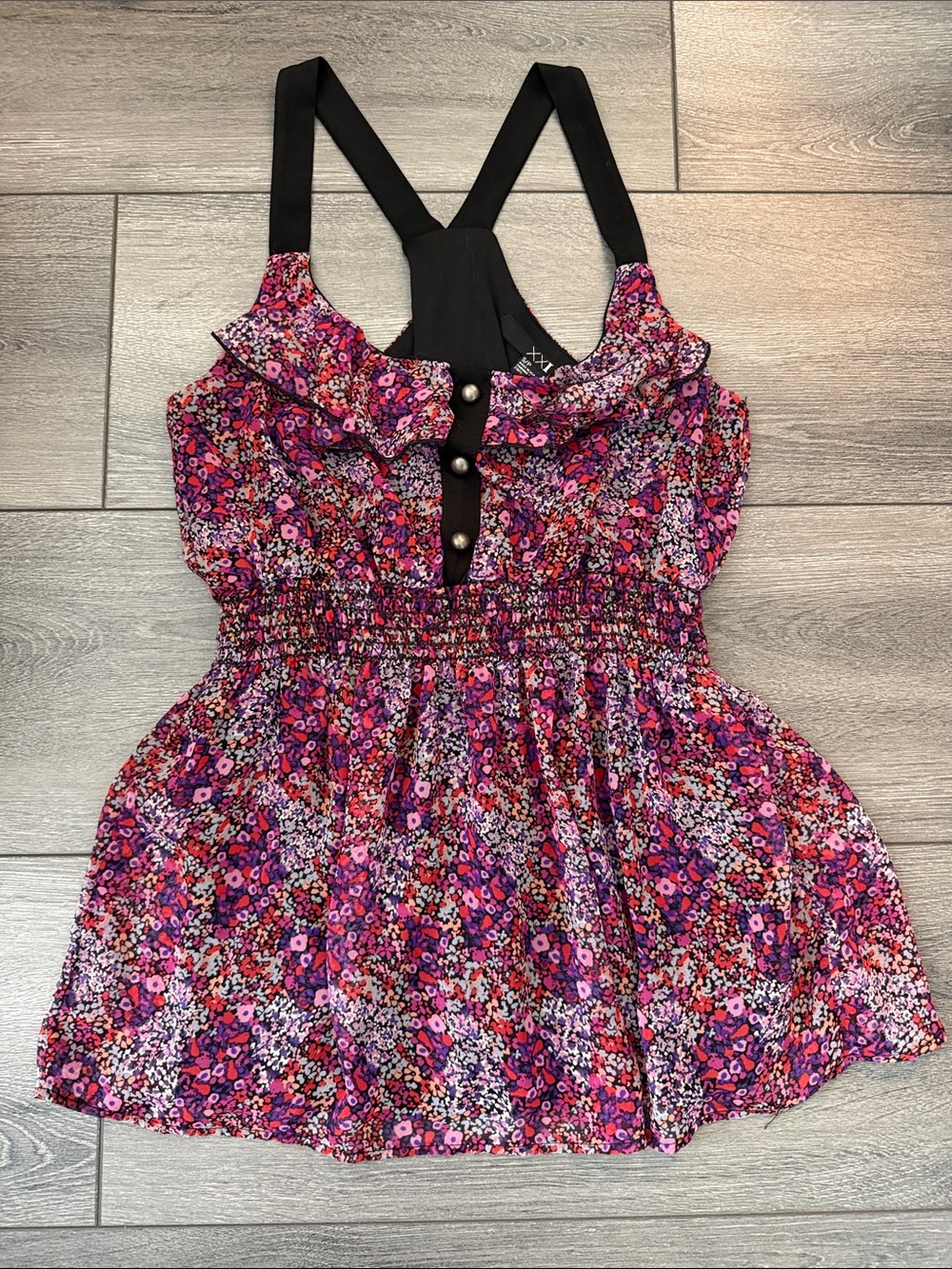 Forever 21 Pink and Purple Floral Ruffle Tank with Black Straps